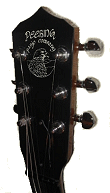 The headstock of the first-generation Deering D-6.  Click for bigger photo.